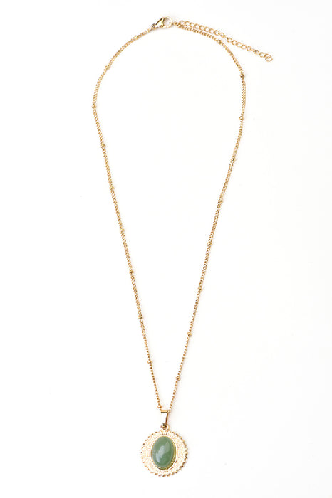 Collier en acier inoxydable plaqué or aventurine verte ovale 38+5cm