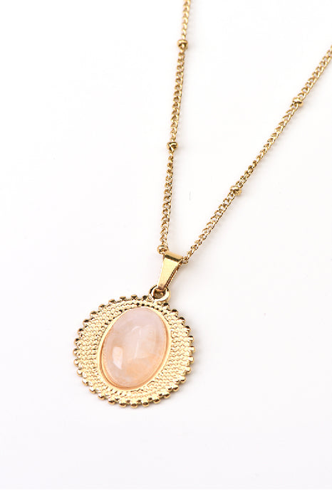 Kette Edelstahl vergoldet Rosenquarz oval 38+5cm