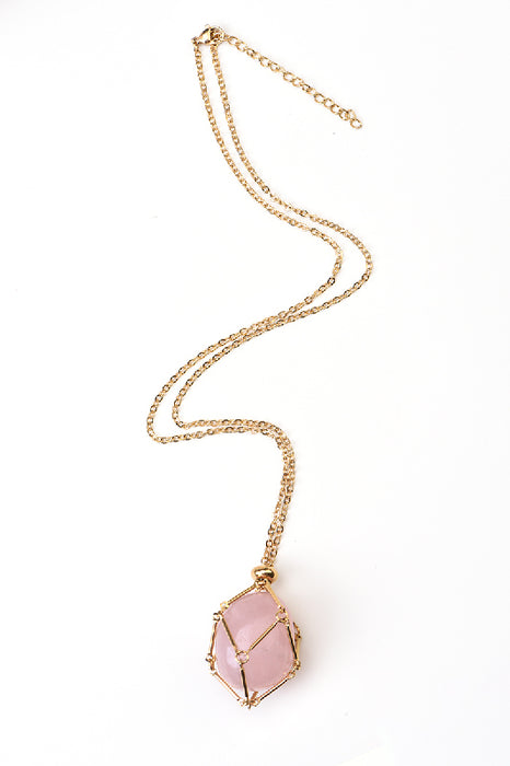 Kette Edelstahl vergoldet Rosenquarz mit Netz 45+5cm