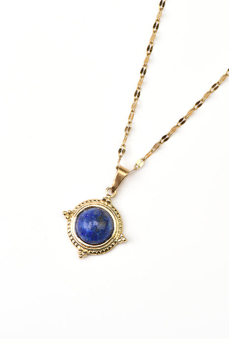 Collier en acier inoxydable plaqué or et lapis-lazuli serti 40+5cm