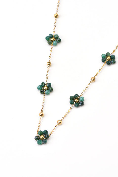 Chaîne en acier inoxydable plaqué or émeraudes en forme de fleur 40+5cm
