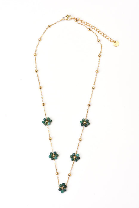 Chaîne en acier inoxydable plaqué or émeraudes en forme de fleur 40+5cm