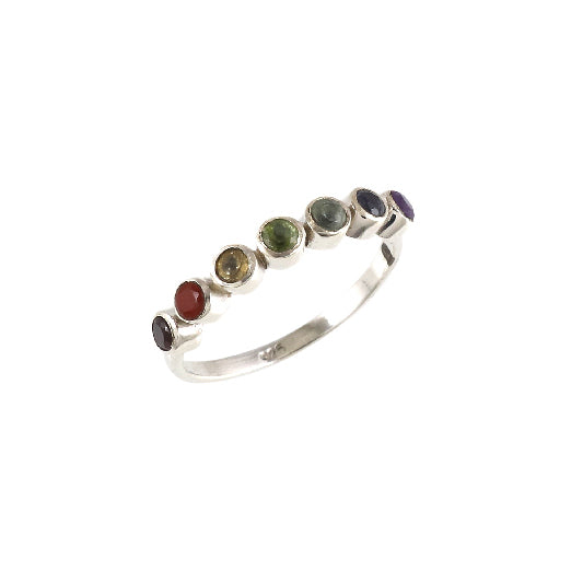 Bague en argent grenat, topaze bleue, citrine, péridot, iolite, améthyste