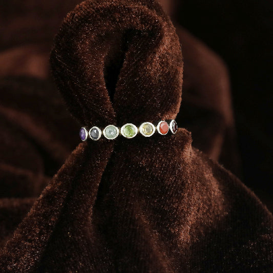 Bague en argent grenat, topaze bleue, citrine, péridot, iolite, améthyste