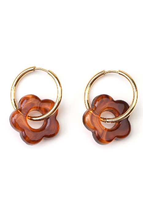 Boucle d'oreille acier inoxydable / résine petite fleur ambre
