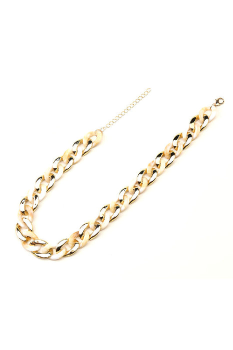 Collier en résine tressée, coloris blanc/marron/doré, 40,5 + 7 cm