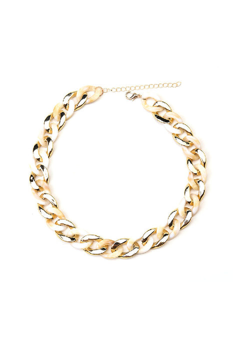 Collier en résine tressée, coloris blanc/marron/doré, 40,5 + 7 cm