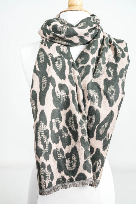 Écharpe viscose/laine imprimé animalier camel/olive 65x185cm