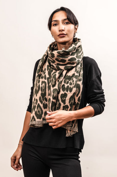 Écharpe viscose/laine imprimé animalier camel/olive 65x185cm