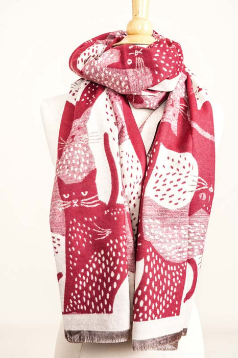 Écharpe viscose/laine chats rouge/beige 65x185cm