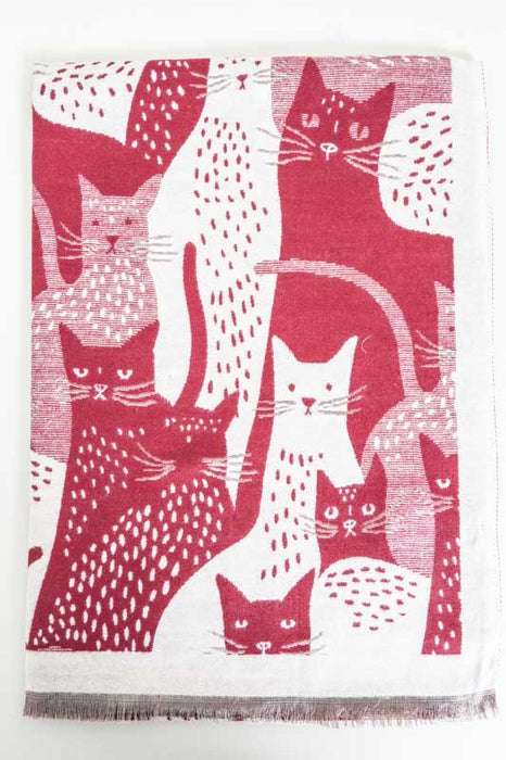 Écharpe viscose/laine chats rouge/beige 65x185cm