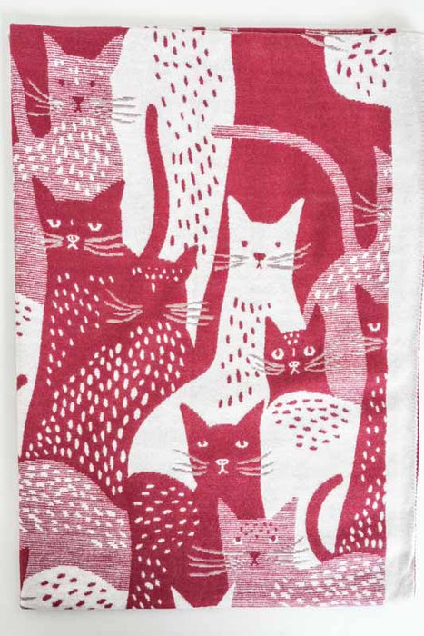 Écharpe viscose/laine chats rouge/beige 65x185cm