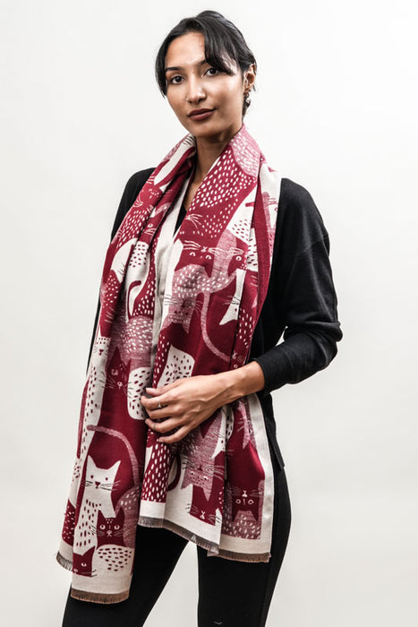 Écharpe viscose/laine chats rouge/beige 65x185cm