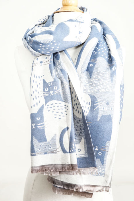 Écharpe viscose/laine chats bleu denim/beige 65x185cm