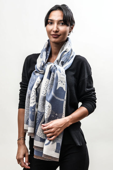 Écharpe viscose/laine chats bleu denim/beige 65x185cm