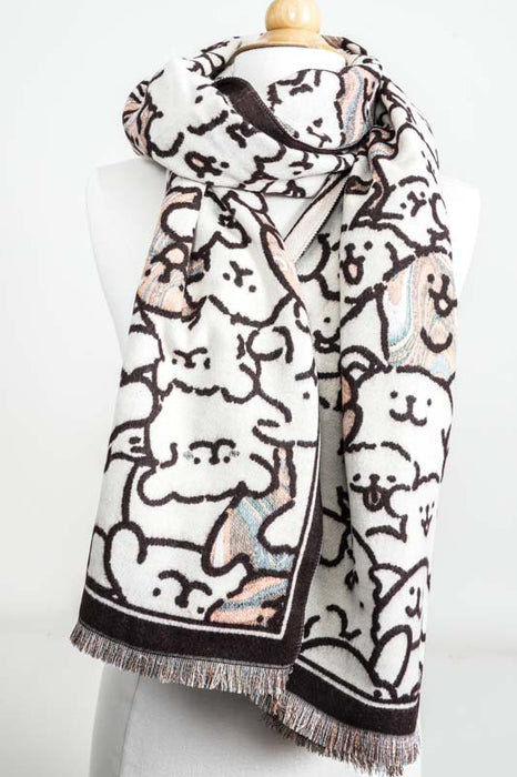 Écharpe viscose/laine chiens beige/marron/multicolore 65x180cm