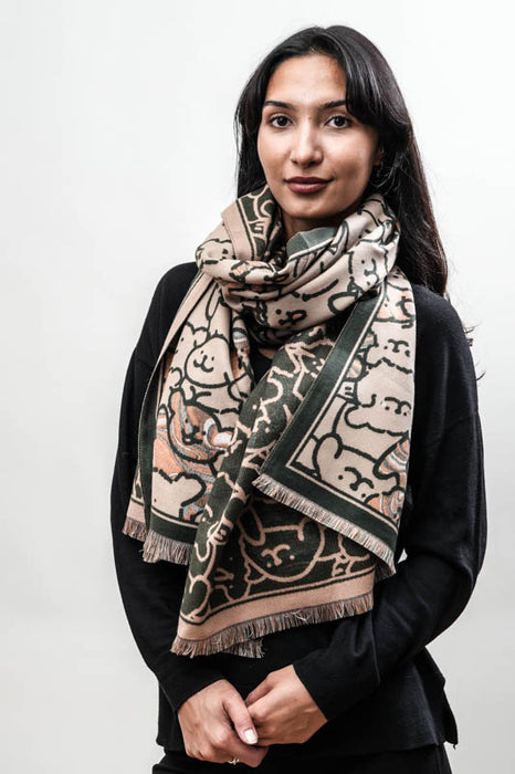 Écharpe viscose/laine chiens marron/olive/multicolore 65x180cm