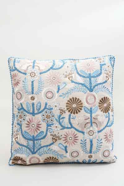 Decorative cushion coconut-cotton satin embroidery flowers with pompom 45x45cm