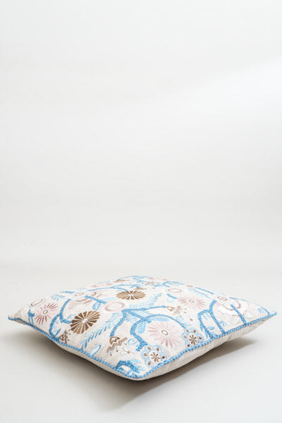 Decorative cushion coconut-cotton satin embroidery flowers with pompom 45x45cm