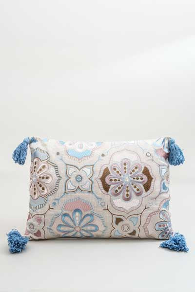 Decorative cushion, coconut-cotton, embroidered floral pattern with tassel, 35x50cm