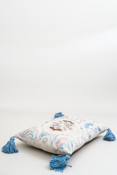 Decorative cushion, coconut-cotton, embroidered floral pattern with tassel, 35x50cm