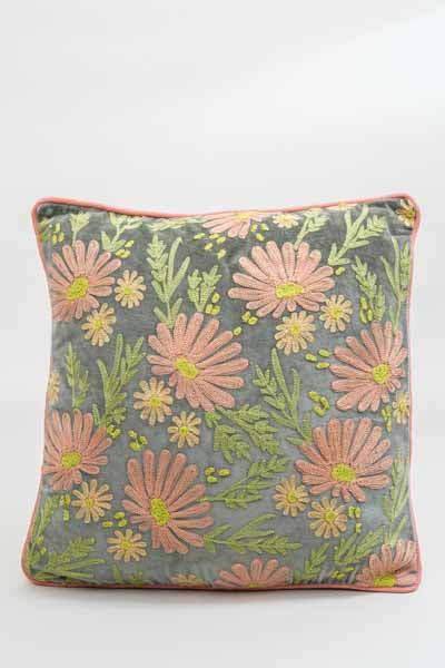 Zierkissen Baumwoll-Samt bestickt Blumenwiese 45x45cm