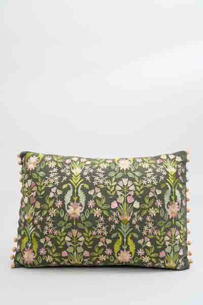 Decorative cushion coconut-cotton embroidered floral pattern with pompom 35x50cm