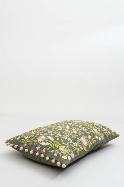 Decorative cushion coconut-cotton embroidered floral pattern with pompom 35x50cm