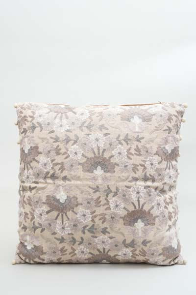 Decorative cushion coconut-cotton embroidered flowers with pompom 50x50cm
