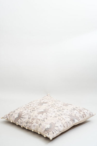 Decorative cushion coconut-cotton embroidered flowers with pompom 50x50cm