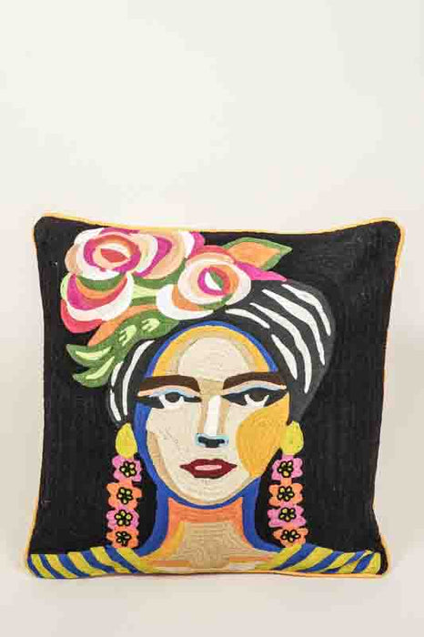 Decorative Pillow, cotton, embroidered woman's face, yellow/black/multicolor, 50x50cm