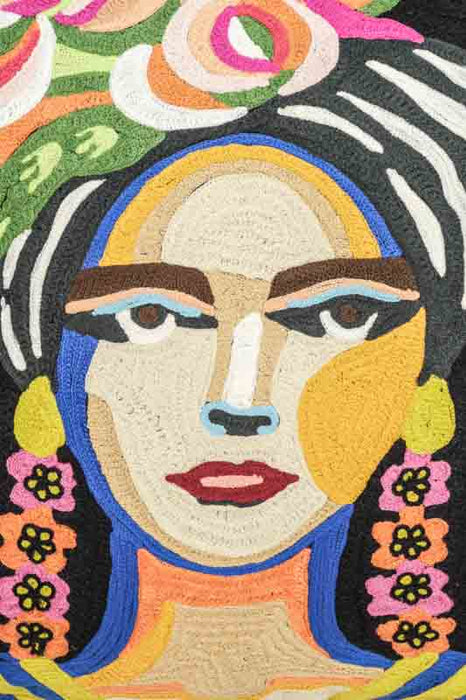 Decorative Pillow, cotton, embroidered woman's face, yellow/black/multicolor, 50x50cm