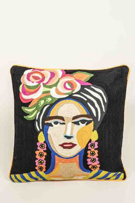 Decorative Pillow, cotton, embroidered woman's face, yellow/black/multicolor, 50x50cm