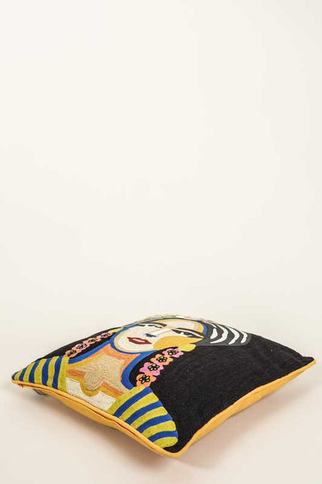 Decorative Pillow, cotton, embroidered woman's face, yellow/black/multicolor, 50x50cm