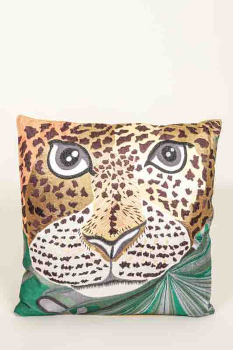 Coussin décoratif coton brodé Léopard jaune/vert/multicolore 50x50cm