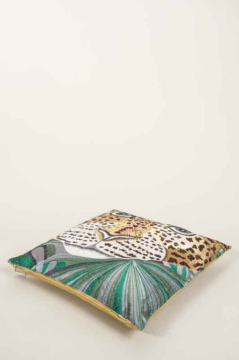 Coussin décoratif coton brodé Léopard jaune/vert/multicolore 50x50cm