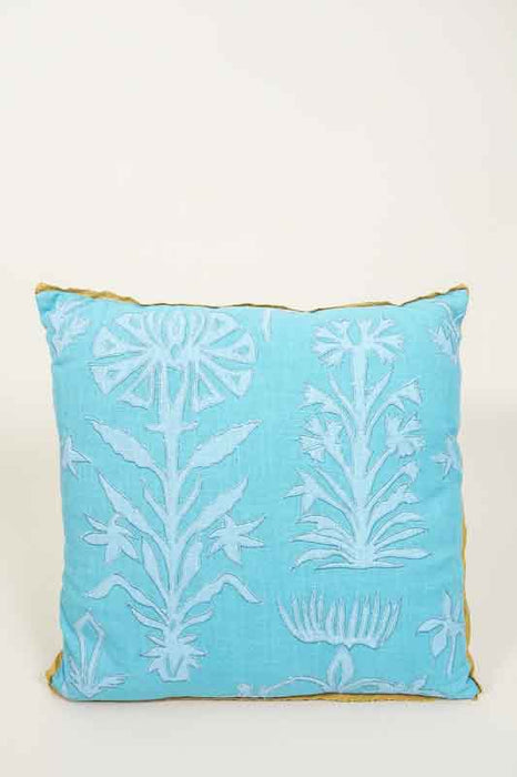 Coussin décoratif en coton brodé fleurs monochrome bleu clair 50x50cm