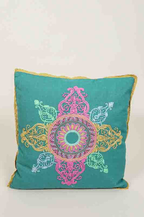 Embroidered Cotton Throw Pillow, Pattern Petrol/Turquoise/Pink/Yellow, 45x45cm