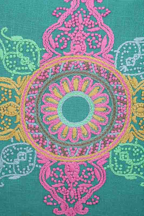 Embroidered Cotton Throw Pillow, Pattern Petrol/Turquoise/Pink/Yellow, 45x45cm