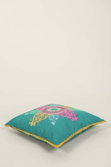 Embroidered Cotton Throw Pillow, Pattern Petrol/Turquoise/Pink/Yellow, 45x45cm