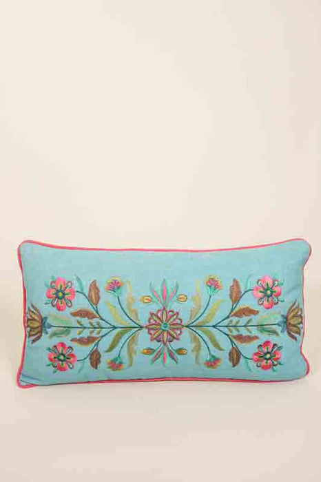 Coussin décoratif coton brodé motif floral bleu clair/multicolore 30x60cm