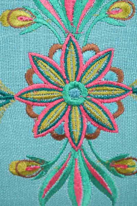 Coussin décoratif coton brodé motif floral bleu clair/multicolore 30x60cm