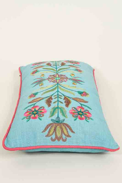 Coussin décoratif coton brodé motif floral bleu clair/multicolore 30x60cm