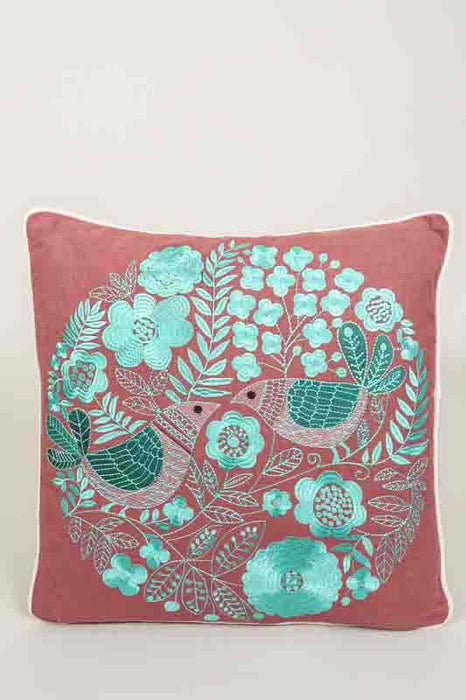 Embroidered Cotton Throw Pillow, 2 Birds, Brown/Turquoise, 50x50cm