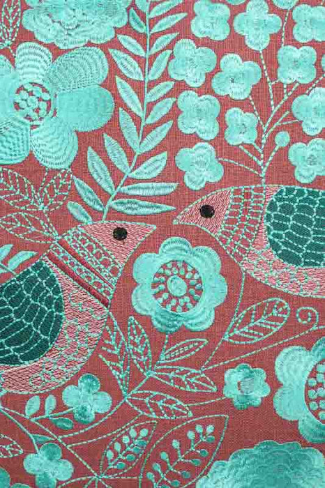 Embroidered Cotton Throw Pillow, 2 Birds, Brown/Turquoise, 50x50cm