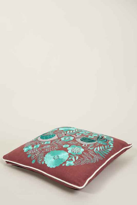 Embroidered Cotton Throw Pillow, 2 Birds, Brown/Turquoise, 50x50cm