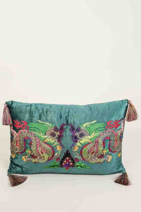 Coussin décoratif en viscose brodé Dragon vert foncé/multicolore 35x50cm