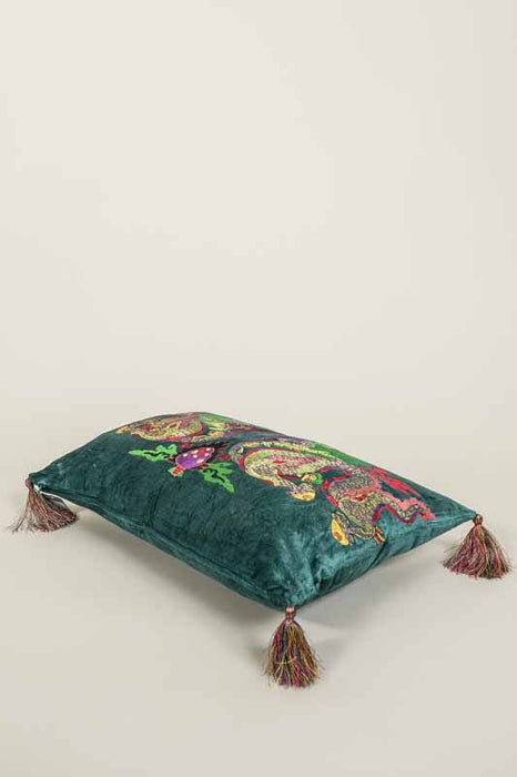 Coussin décoratif en viscose brodé Dragon vert foncé/multicolore 35x50cm