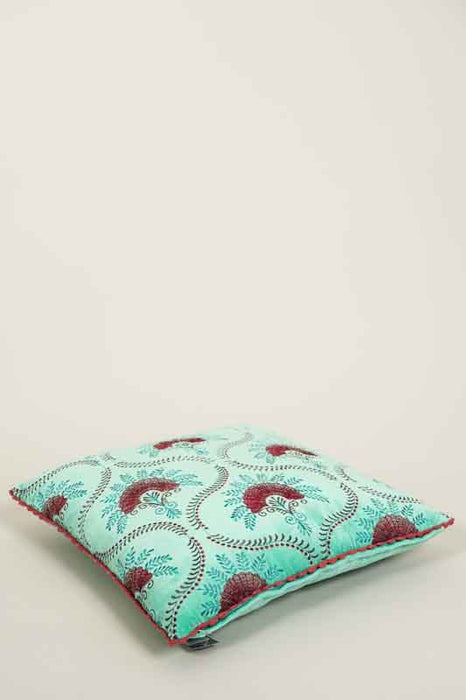 Coussin décoratif coton brodé plumes de paon menthe/rouge 50x50cm