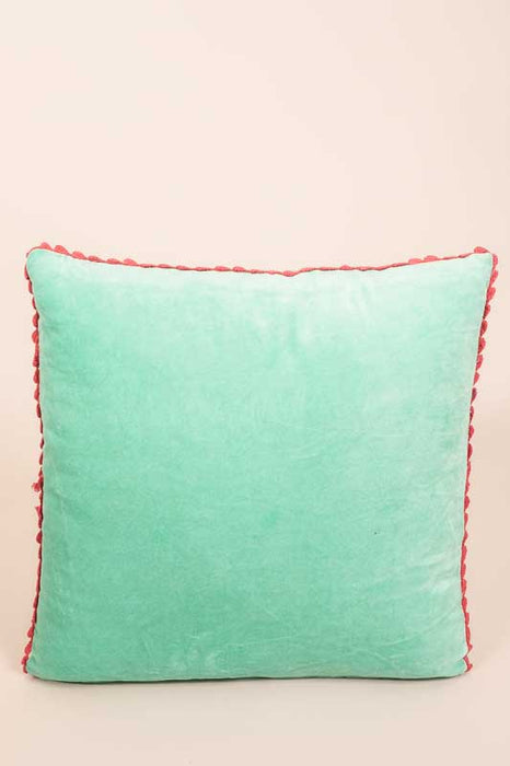 Coussin décoratif coton brodé plumes de paon menthe/rouge 50x50cm